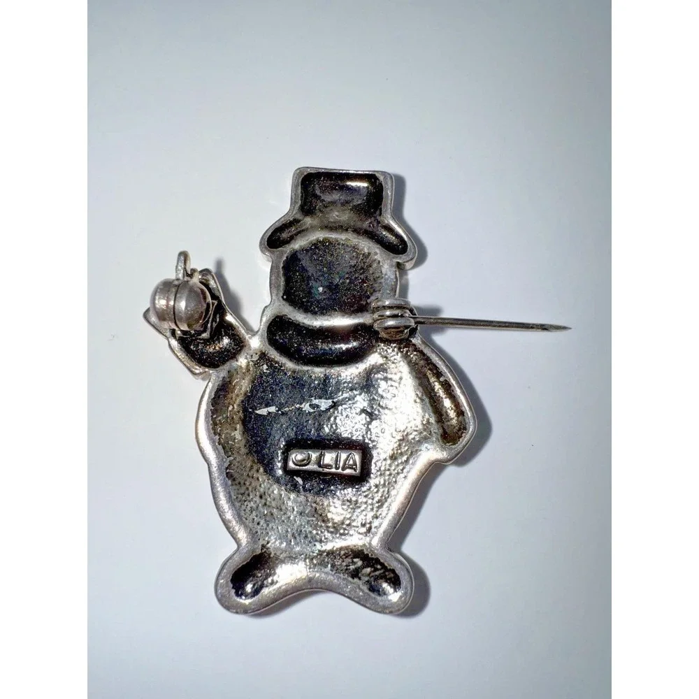 Vintage Signed Lia Enamel‎ & Marcasite Snowman Brooch — Rhinestone Christmas Pin